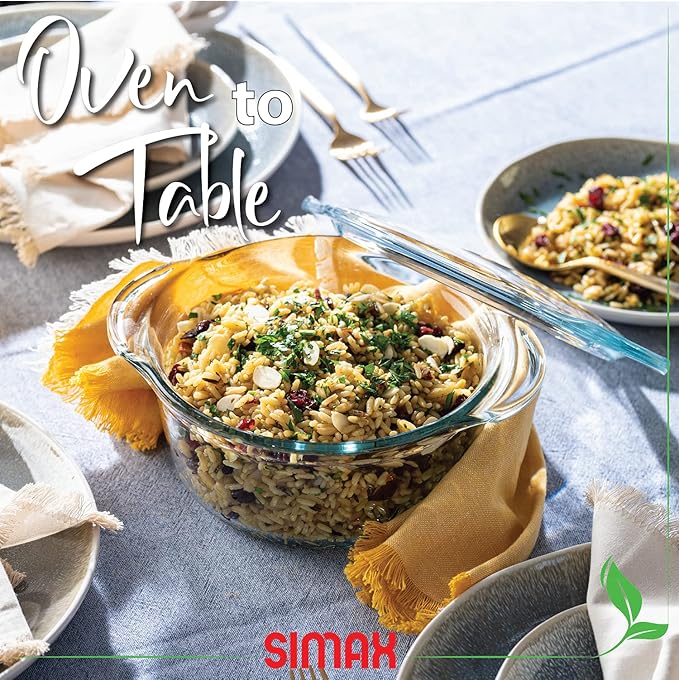 Glass Casserole Dish by Simax Clear Glass Round Casserole Dish with Lid and Handles Covered Bowl for Cooking Baking Serving etc. Microwave Dishwasher Oven and Stove Safe Cookware 1.75 Quart