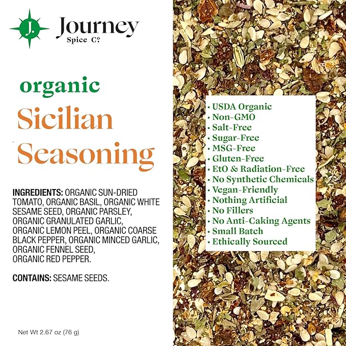 Organic Sicilian Seasoning by Journey Spice Co. | Salt-Free, Sugar-Free, Non-GMO | Natural Mediterranean Italian Spice Herb Blend for Pasta, Veggies, Meat, Salad, and More. | 2.67 oz. | Resealable/Reusable Cap