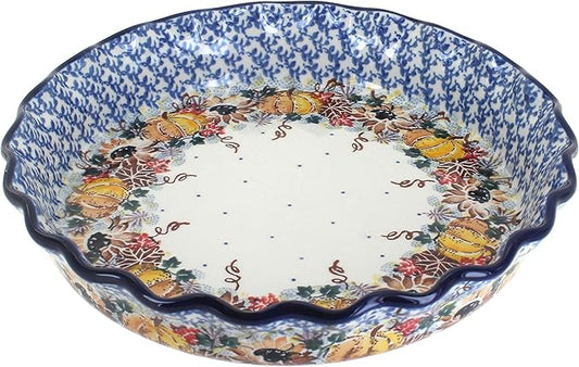 Blue Rose Polish Pottery - Blue Harvest Bounty Pie Plate - 10" Diameter - Ceramic Baking Dish, For Pies, Quiches & Desserts