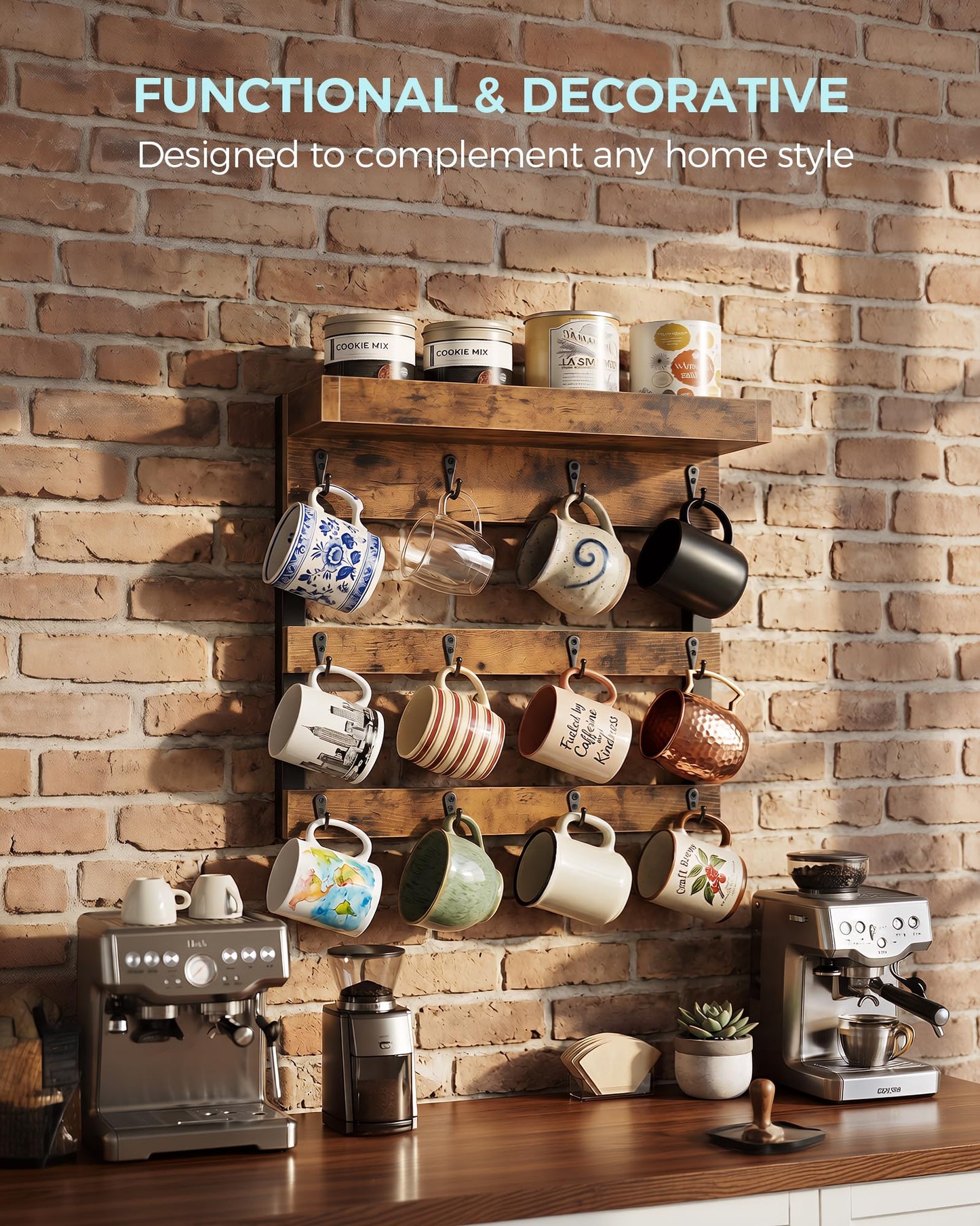 OROPY Coffee Mug Rack Wall Mounted, Rustic Wood Cups Rack, 12 Hooks & Shelf