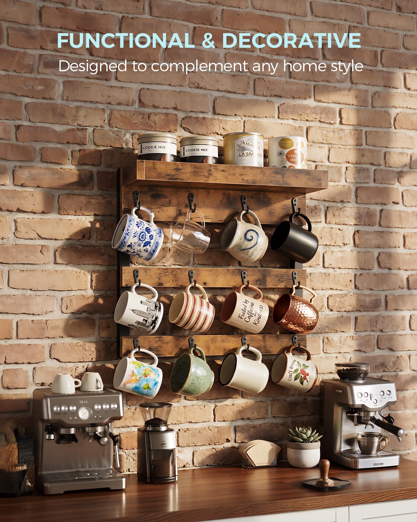OROPY Coffee Mug Rack Wall Mounted, Rustic Wood Cups Rack, 12 Hooks & Shelf
