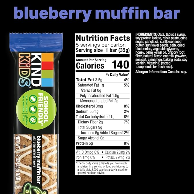 KIND Kids Snacks, Blueberry Muffin Bar, Tree Nut and Peanut Free, Gluten Free, Whole Grains and Oats, 5g Protein, 5 Count