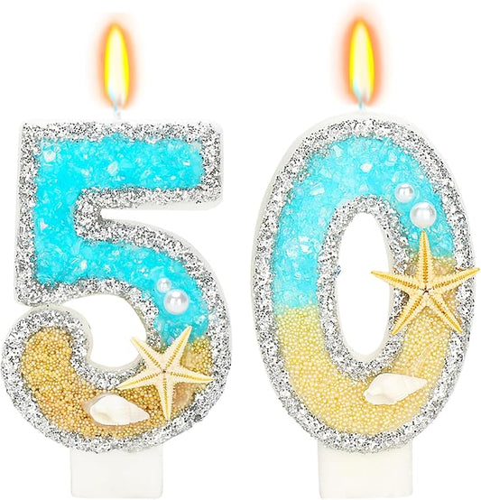 Birthday Candle for Cake, Beach Starfish Sequins Candles, 2.76 inch Cake Topper Decoration for Birthday Party (Number 50)