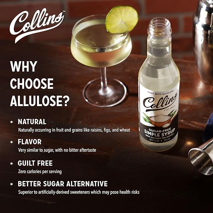Collins Sugar Free Simple Syrup For Drinks, Allulose Coffee Syrups, Low Carb Cocktail Sweetener Keto 32oz. Set of 1