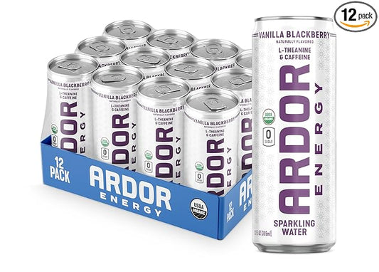 ARDOR ENERGY Sparkling Water with 100mg Natural Caffeine & 200mg L-Theanine from Organic Green Tea for Smooth Energy & Focus | Healthy Energy Drink | No Sugar, Zero Calories, Vegan, Gluten-Free | Vanilla Blackberry (Pack of 12, 12oz cans)