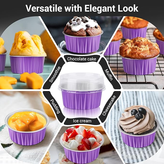 EUSOAR Baking Cups Aluminum Foil, 5oz 50pcs Reusable Cupcake Cups with Lids, 3.34"x2.59"x2.35" 125ml Pie Ramekins, Desserts Flans, Creme Brulee Cups, Pudding Jello Cups, Catering Party Favor-Lavender