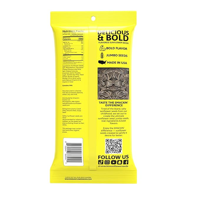 SMACKIN' Sunflower Seeds | Roasted Jumbo Sunflower Seeds | 6 Flavor Sampler Pack | 1.5 Ounce Flavored Sunflower Seeds | Small-Batch, American Made Sunflower Seeds | Keto Snacks (6 Bags, Garlic Parmesan)