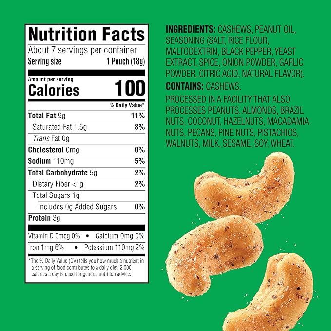 Emerald Nuts Salt and Pepper Seasoned Cashews 7ct (1-Pack), 100-Calorie Individual Packs, Kosher Certified, Non-GMO, Contains No Artificial Preservatives, Flavors or Synthetic Colors