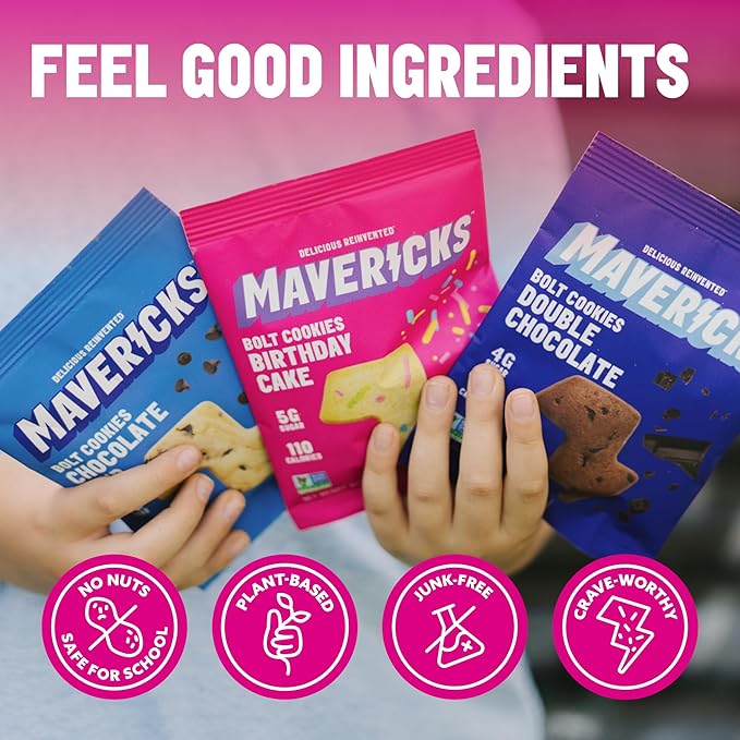 Mavericks Snacks Bolt Cookies Variety Pack ??Healthy Snacks for Kids & family ??Low Calorie Chocolate Chip & Birthday Cake Varieties; 2 Nutritious Snack Boxes - (16 Count Snack Packs Inside)