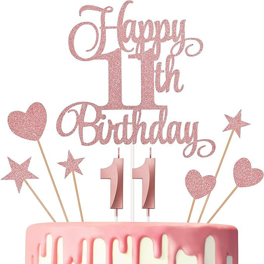 11th Birthday Cake Decorations, 11th Birthday Candles Cake Numeral Candles and Glitter Happy 11th Birthday Cake Toppers Set for Birthday Party Supplies (Rose Gold)