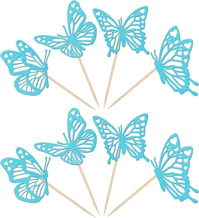Rsstarxi 24 Pack Butterfly Cupcake Toppers Blue Glitter Assembled Butterfly Baby Shower Cupcake Picks for Wedding Engagement Bridal Shower Kids Birthday Party Cake Decorations