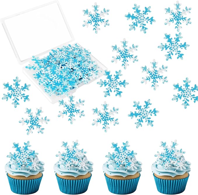 50 PCS Edible Snowflake Cupcake Toppers Wafer Paper Snowflake Cake Decorations Edible Snowflake Cupcake Picks Topper for Christmas Winter Frozen Theme Baby Shower Birthday Party Decor Supplies