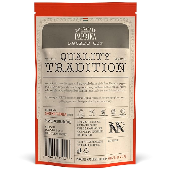 Premium SMOKED HOT Hungarian Paprika Powder (4 oz) - Non-GMO - Vibrant Deep Red Color - Origin: Szeged Region, Hungary - Authentic Seasoning Spice in Resealable Bag by MEROPS