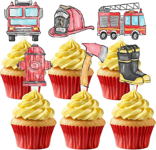 36 Pcs Firetruck Cupcake Toppers - Fireman Party Decorations - Perfect for Firetruck Birthday, Fireman Baby Shower and Fire Truck Cake Decor