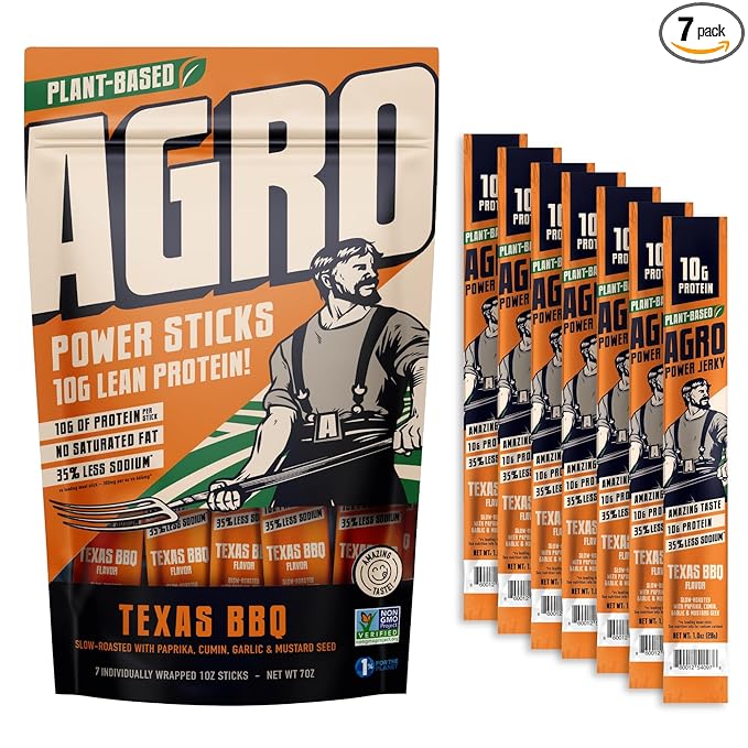 AGRO POWER Vegan Jerky Sticks ??Texas BBQ Flavor ??7-Stick Bag of Plant-Based Jerky with 10g Protein ??Non-GMO, Low Sodium, High Protein Vegan Snack ??Vegetarian Meat Alternative