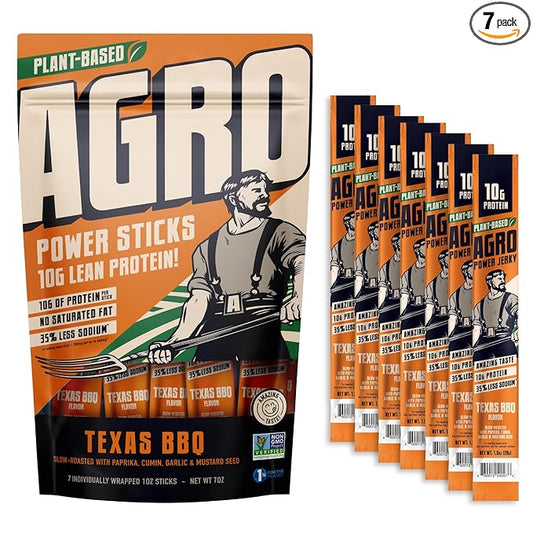AGRO POWER Vegan Jerky Sticks ??Texas BBQ Flavor ??7-Stick Bag of Plant-Based Jerky with 10g Protein ??Non-GMO, Low Sodium, High Protein Vegan Snack ??Vegetarian Meat Alternative
