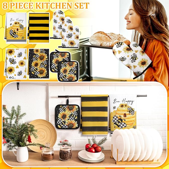 Bencailor 8 Pcs Kitchen Towel Pot Holders and Oven Mitts Set Kitchen Decoration 4 Dish Towels 2 Retro Oven Mitts 2 Potholders for Housewarming Gift Cooking Baking Grilling(Bee and Sunflower,Yellow)