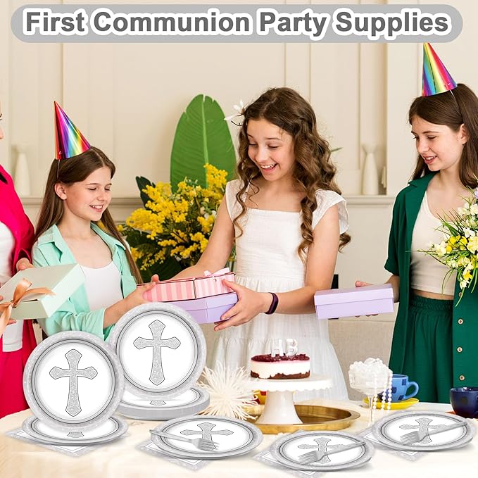 96Pcs Baptism Cross Plates and Napkins First Holy Communion Birthday Party Decorations Gray Religious Christening Ceremony Dessert Plates Tableware Set for 24 Guests Cross Baptism Party Supplies