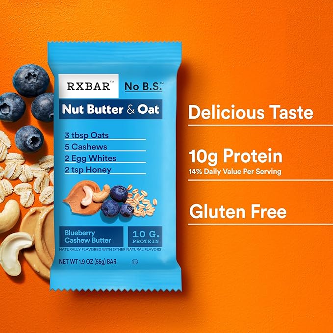 RXBAR Nut Butter and Oat Protein Bars, Protein Snacks, Snack Bars, Blueberry Cashew Butter, 23.2oz Box (12 Bars)