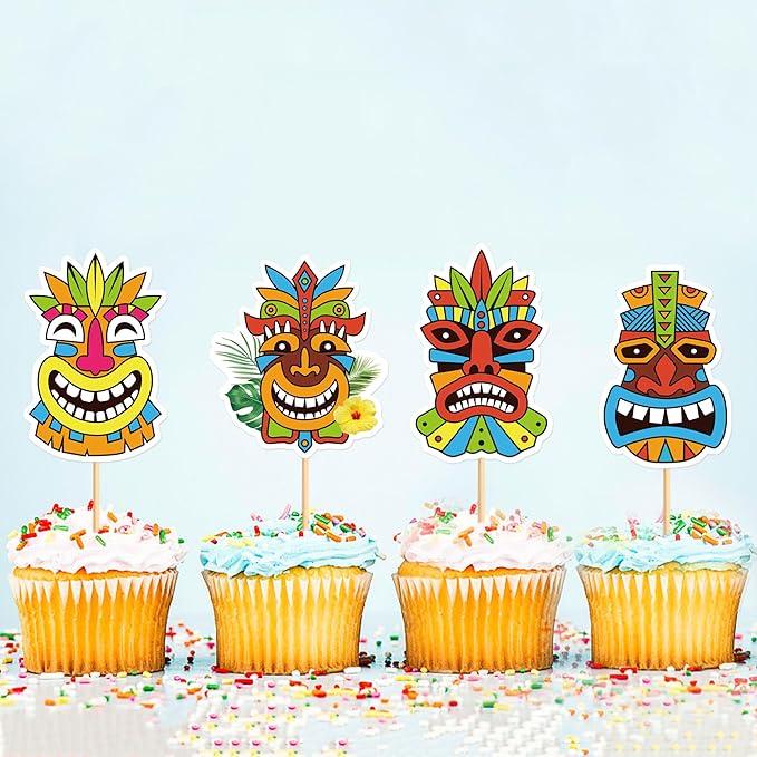 24Pcs Hawaiian Tiki Cupcake Toppers Tropical Totem Hawaiian Themed Party Decorations for Tropical Hawaii Aloha Party Supplies