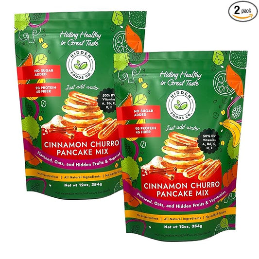 Hidden Foods Cinnamon Pancake Golden Brown Monk Fruit Cinnamon Bun Pancake - Fiber and Protein Churro Pancake Mix with Wheat & Oat Flour Blend of Vegetables - Fully Fiber Waffle Mix Meal 2 Pack