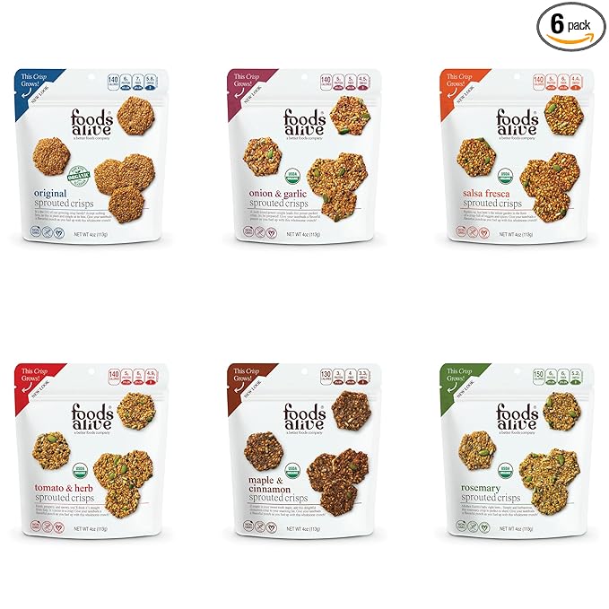 Foods Alive Organic Sprouted Crisps Bundle (6 flavors), 4oz, Gluten Free, Vegan, High Protein, High Fiber