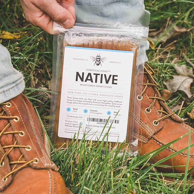 Homestead Honey Native Sticks 100 Count - Pure Wildflower - Individual Packets - Unfiltered Snack for Kids, Hiking, and Tea - Natural, No Additives - 8.25x6x1.25 inches
