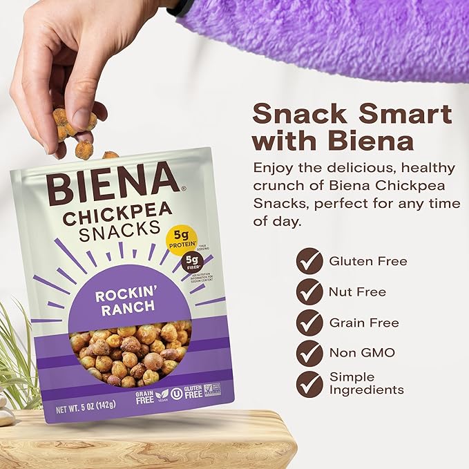 BIENA Chickpea Snacks - Crunchy Roasted Chickpeas - High Fiber Vegan Protein Snacks for Adults and Kids - 4-Pack, 5 Ounce Bags - Rockin??Ranch