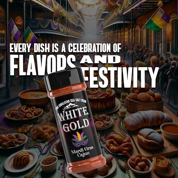 White Gold Cajun Seasoning - Cajun Spice with Pink Himalayan Sea Salt - Mardi Gras-inspired Gourmet Flavor for Vegetables, Stews & Grilling Seasoning, Natural Ingredients, Gluten-Free, Vegan, Keto Friendly