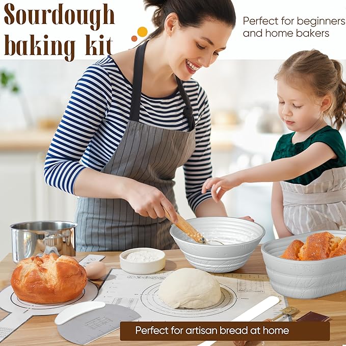 Sourdough Starter Kit with Jar ??Complete Sourdough Bread Baking Supplies for Beginners, Includes 2 Silicone Proofing Baskets Baking Mat Sour Dough Kit - Gray