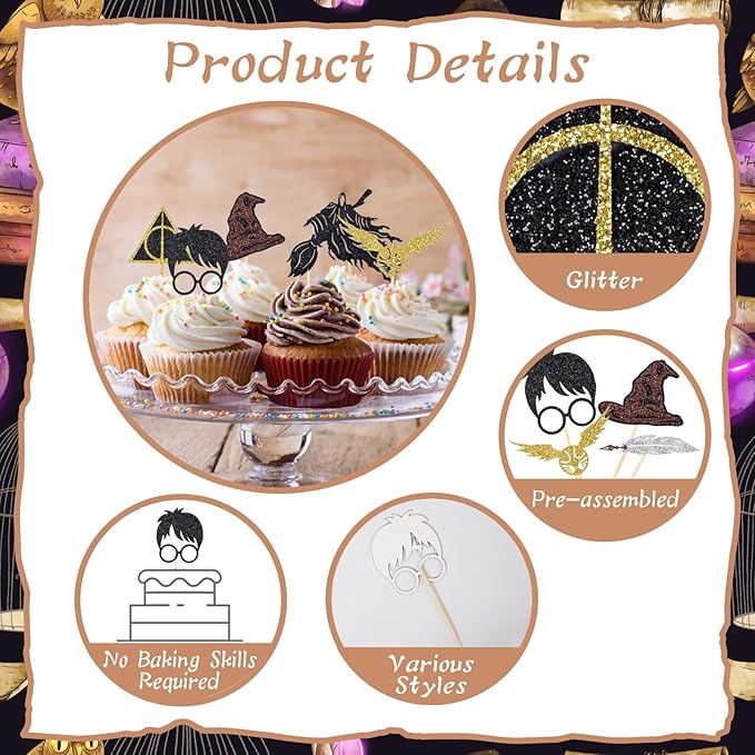 24 Pcs Black Magical Wizard Cupcake Toppers Gold Wizard Hat Flying Broomstick Cupcake Picks Magical School Theme Birthday Halloween Cake Decorations Party Supplies