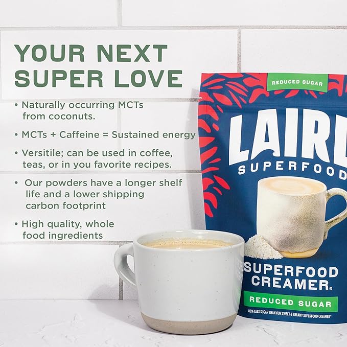 Laird Superfood Non-Dairy Reduced Sugar Superfood Coconut Powder Coffee Creamer, Keto, No Sugar Added, Gluten Free, Non-GMO, Vegan, 16 oz. Bag, Pack of 1