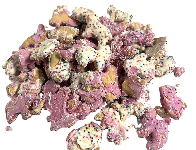 Pink and White Yogurt Coated Animal Crackers - 1 lb of Fresh Gourmet Sweet Creamy Covered Dipped Animal Crackers with Rainbow Non Pareil Beads in Resealable Bag