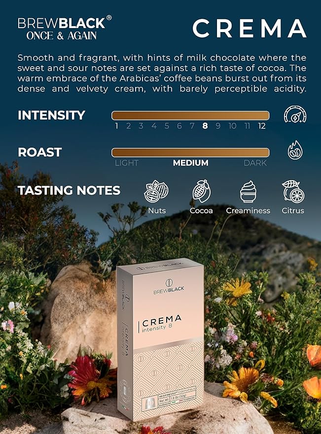 BrewBlack Crema Coffee Capsules - 50 Aluminum Coffee Pods Compatible with Nespresso Original line, Medium Roast - Intensity 8/12, Made in Italy