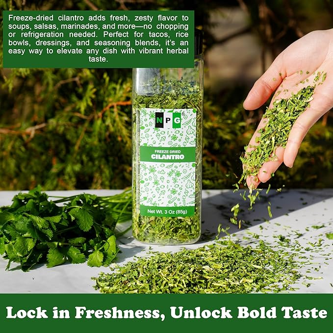 NPG Freeze-Dried Cilantro 3 Oz, Fresh Dehydrated Coriander Flakes, Dhania Leaves, Lime Seasoning, Mexican Spices, Perfect for Cooking, Soups, Salsas, and Garnish