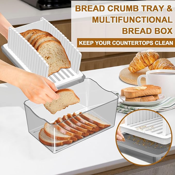 Upgrade Bread Slicer for Homemade Bread with Bread Box, Bread Slicing Guide Adjustable Width, Foldable and Compact Cutting Guide with Crumb Tray, Suitability for Homemade Bread, Bagels,Cakes