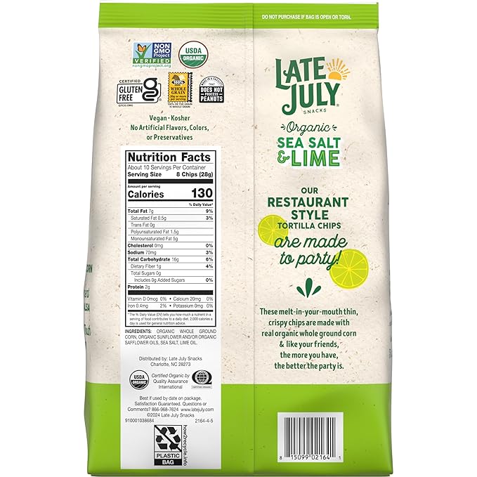 Late July Sea Salt & Lime Organic Tortilla Chips, 10.1 Oz Bag