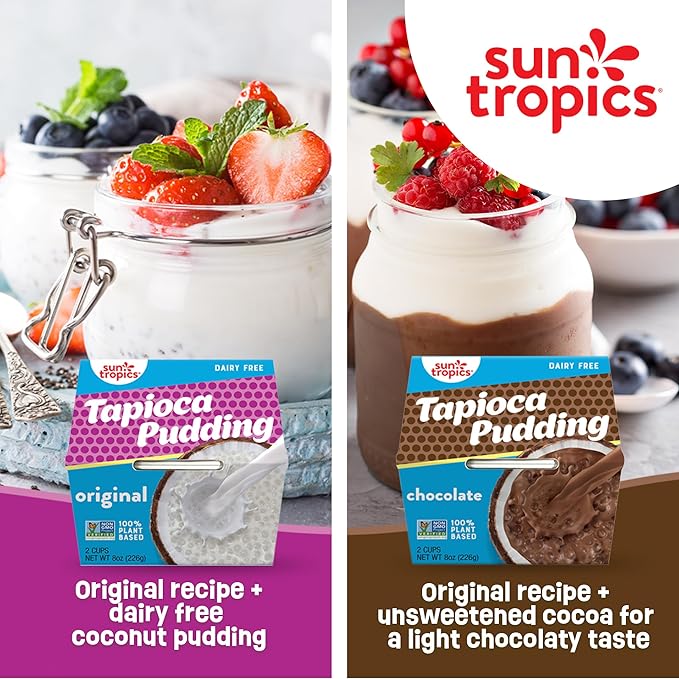 Sun Tropics Tapioca Pudding, Variety Pack | Vegan Dairy Free Pudding | Gluten Free, Non-GMO Project Verified | Ready-to-Eat Cups | 4oz (Pack of 12)