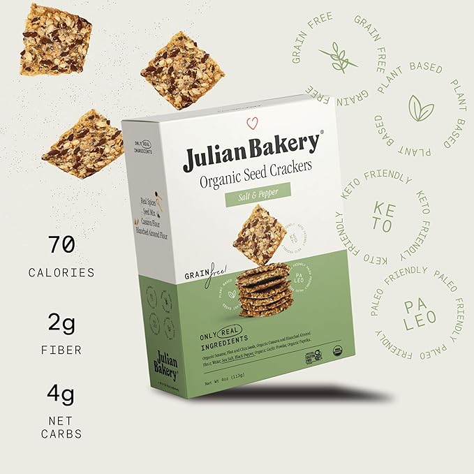Julian Bakery® Organic Seed Crackers - Salt & Pepper 4oz | Gluten Free and Organic Certified | Grain Free | Low Carb | Plant-Based | Vegan (3PACK)
