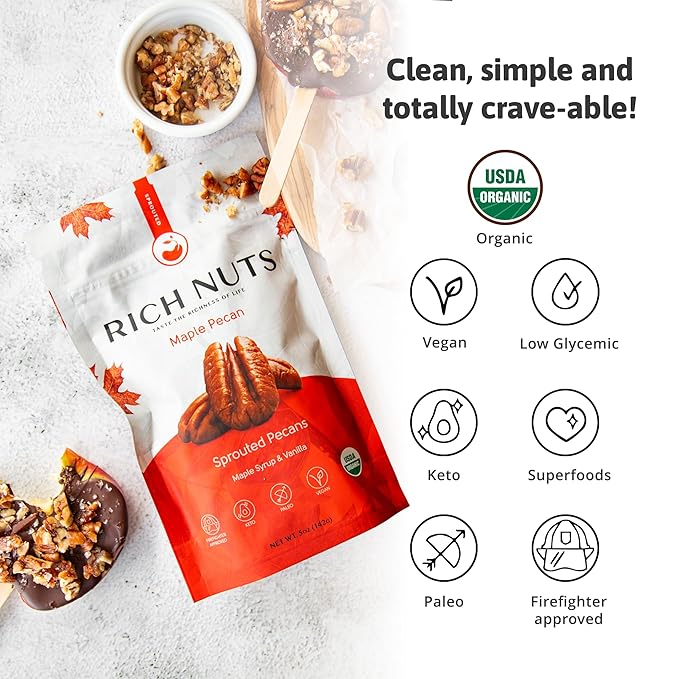 Rich Nuts Maple Pecan Gourmet Sprouted Pecans | Vegan, Paleo, Keto | Made with Maple Syrup, Vanilla Extract and Sea Salt | Non-Roasted from Dehyrdated Germinated Raw, Whole Pecans | 4 Oz Bag (2 Pack)