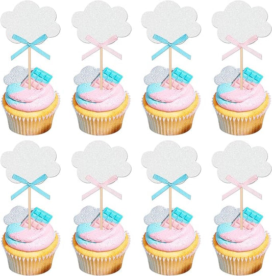 24 PCS Bow Cloud Cupcake Toppers Glitter Cloud Boy or Girl Cupcake Picks Gender Reveal Party Decorations for Baby Shower Birthday Wedding Party Cake Decorations Supplies Blue Pink