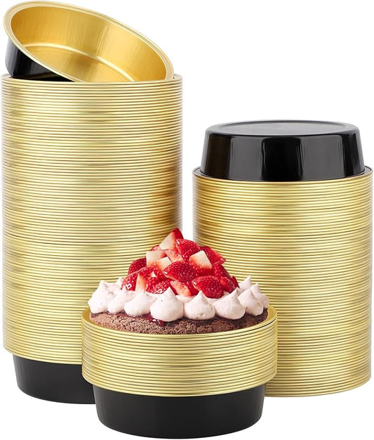 Beasea Aluminum Ramekins 200 Pack, 4" 7.3oz 215ml Disposable Baking Foil Cups Mini Ramekin Cup No Lids Cupcake Aluminum Baking Cups for Party - Black Gold