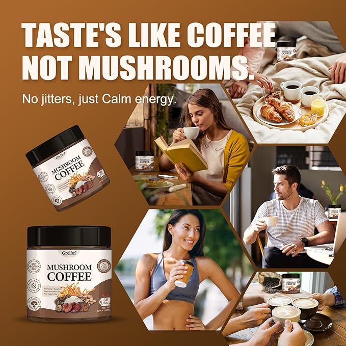 Grelim Mushroom Coffee with 7 Superfood Mushrooms, Great Tasting Arabica Instant Coffee 4.23 Oz