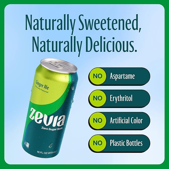 Zevia Zero Sugar Soda, Ginger Ale, 16 oz Cans (12-Pack) ??Naturally Sweetened, Non-GMO Project Verified, Gluten-Free, Vegan
