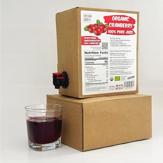 Organic Cranberry Juice Box 101.4 Fl Oz | Pure Fruit Juice, Not From Concentrate | Organic, Vegan, Non-GMO | No Added Sugar, Easy-Pour Tap Packaging