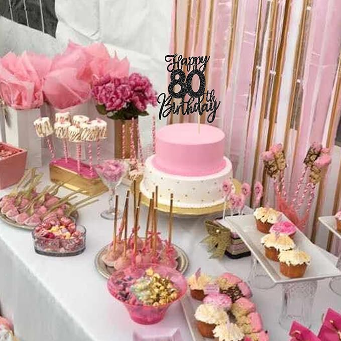 1 PCS Happy 80th Birthday Cake Topper Glitter Cheers to 80 Years Birthday Cake Pick Eighty Hello 80 Fabulous Cake Decoration for Happy 80th Birthday Anniversary Party Decorations Supplies Black