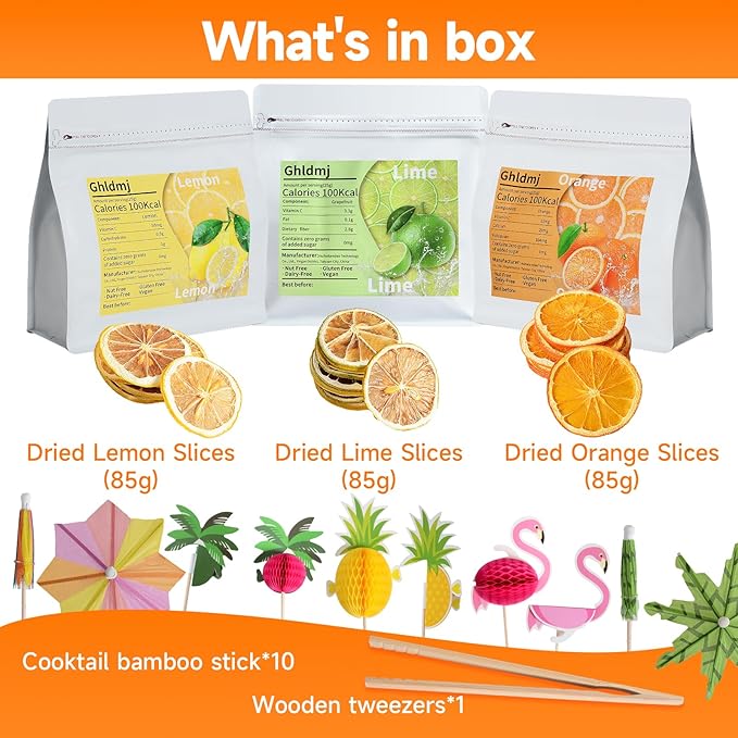 3-Pack Dehydrated ORANGE,LEMON & LIME,9oz total,Premium Craft Cocktail Garnish With10 Pcs Drink Umbrellas Picks And 1 Fruit Clips,for Tea, Beverages, and More Craft Cocktail Home Mixologist,Bartender Garnishes Dried Fruit