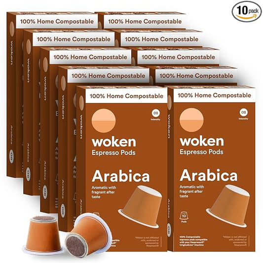 WOKEN COFFEE Compostable Nespresso Pods - Arabica Light Roast Italian Espresso Coffee Capsules Compatible With Nespresso Coffee Machine (100 Pod Count, 10 Boxes)