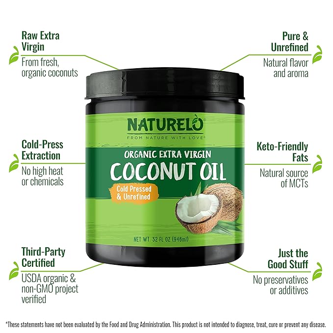 NATURELO Coconut Oil - Multi-Purpose Extra Virgin Coconut Oil for Skin, Organic Oil for Cooking, Unrefined Oil for Hair 32 oz