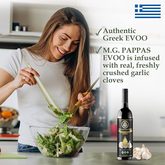 M.G. PAPPAS High Polyphenol Rich Garlic Infused Olive Oil - Extra Virgin Olive Oil - Over 500mg/kg - Cold Pressed & Unfiltered - High Hydroxytyrosol Greek Olive Oil - Award Winning
